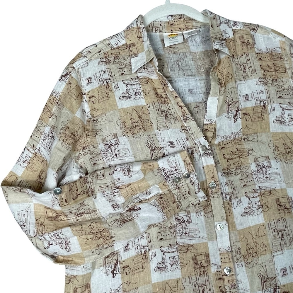 C&C Linen Italy Travel Vacation Print Lagenlook Casual Coastal Grandma Shirt - M